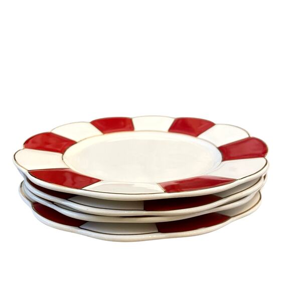 Grace Teaware Porcelain Salad Plate 8in Red & White Stripe Gold Trim Set 4 New - Picture 7 of 16